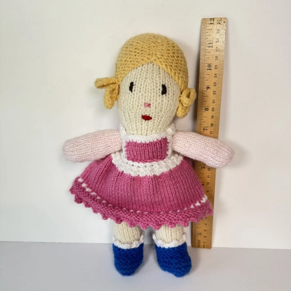 Hand-Knitted Yarn Doll Jean Greenhowe Vintage Pattern Blonde‎ Girl Pink 11.5 in